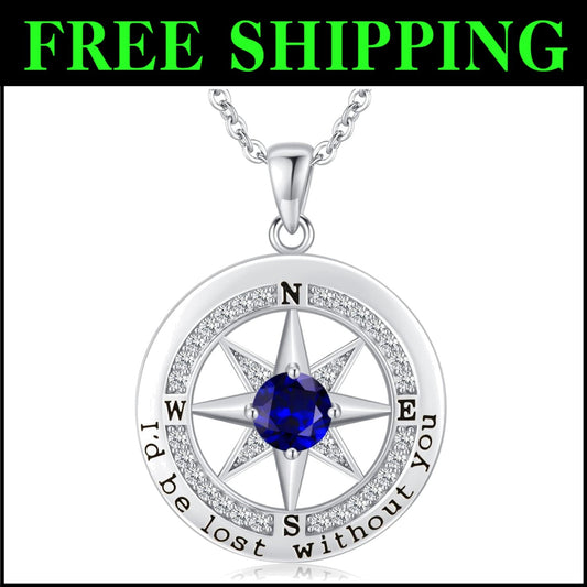 Sterling Silver Compass Necklace with Cubic Zirconia - Perfect Gift for Her