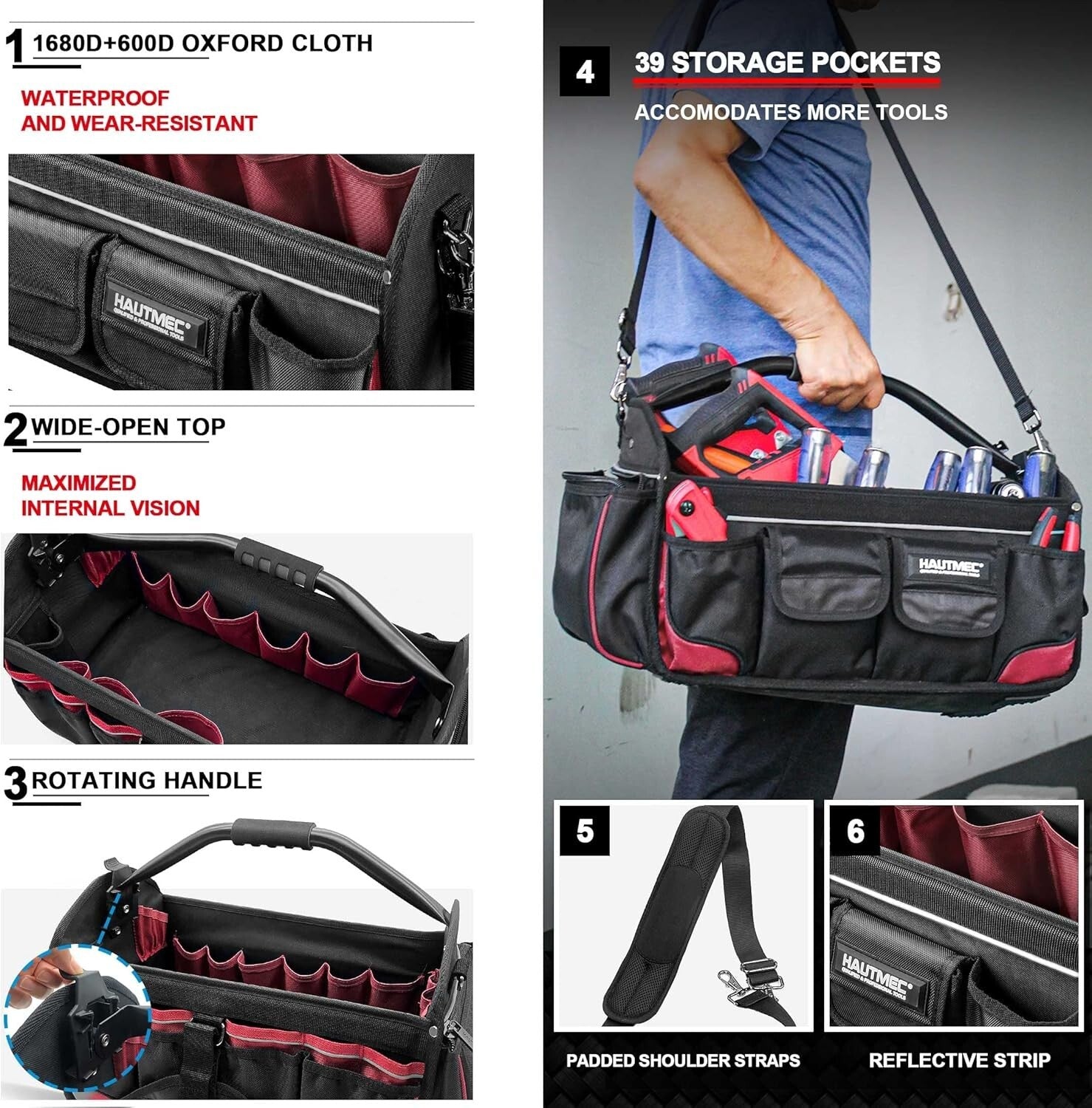 Ergonomic Heavy-Duty Tool Bag with Rotating Handle & Reflective Safety Strips