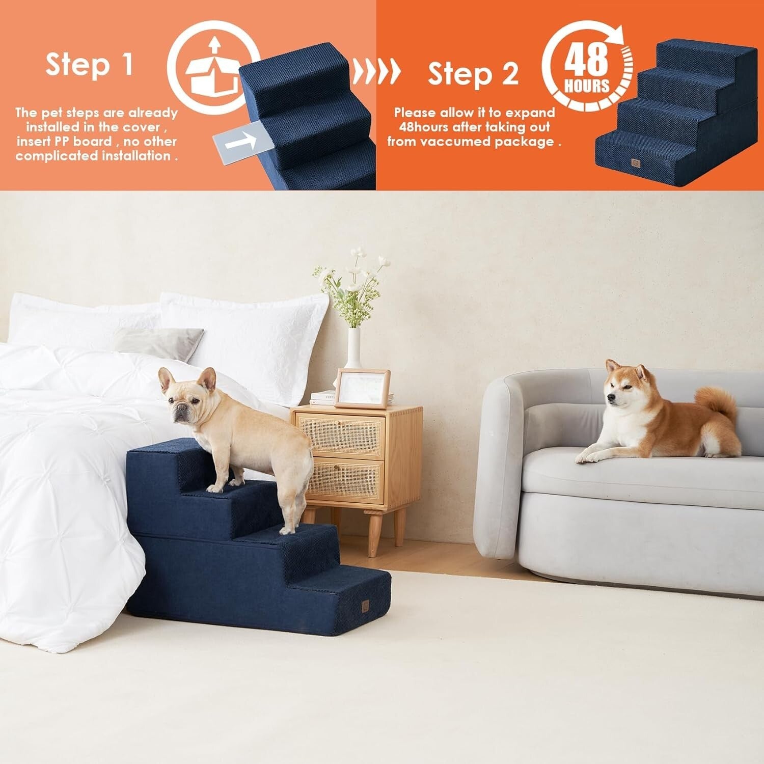 Extra Wide 4-Step Pet Stairs - Safe Access for Small Dogs & Cats in Navy