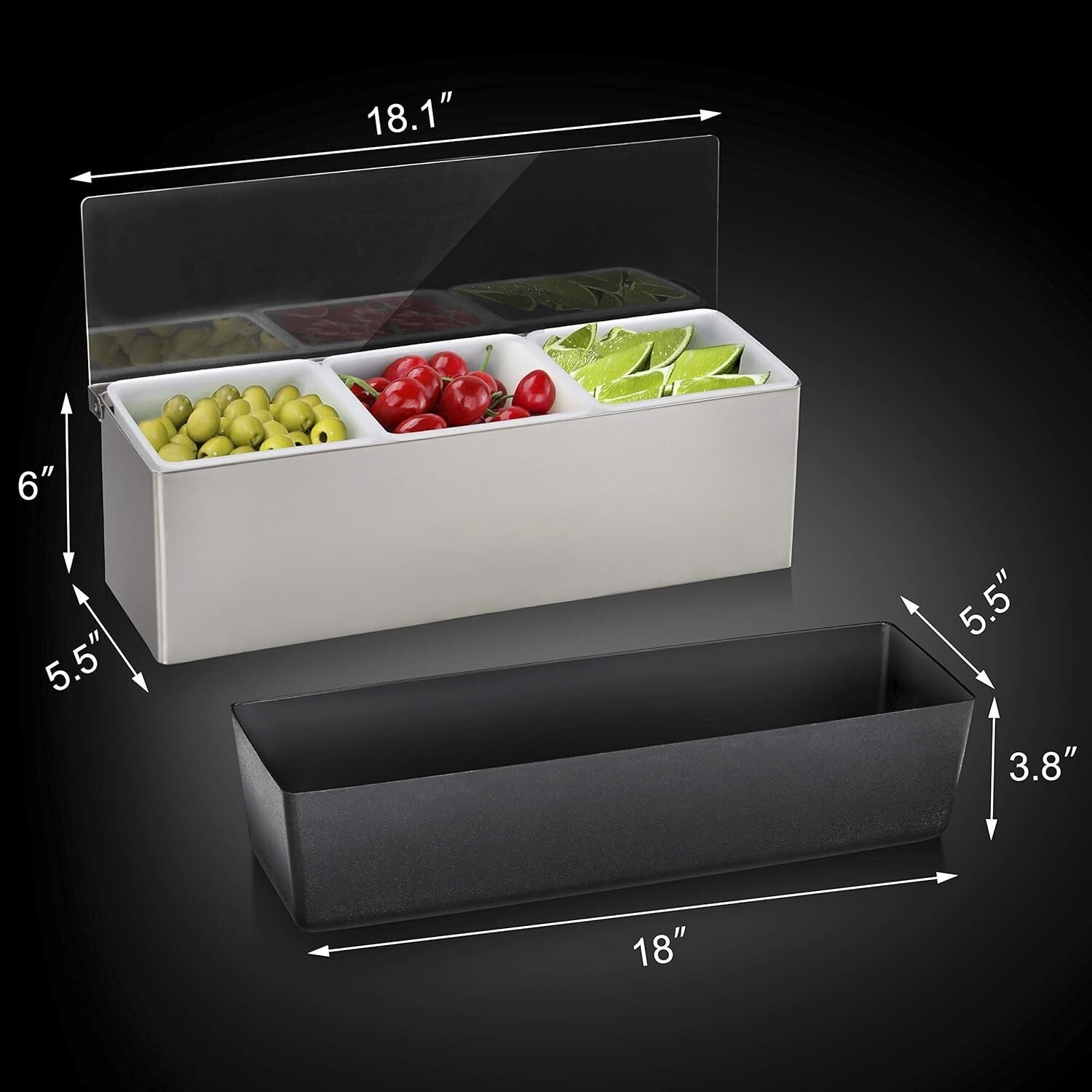 Multi-Compartment Stainless Steel Condiment Organizer with Hinged Acrylic Lid