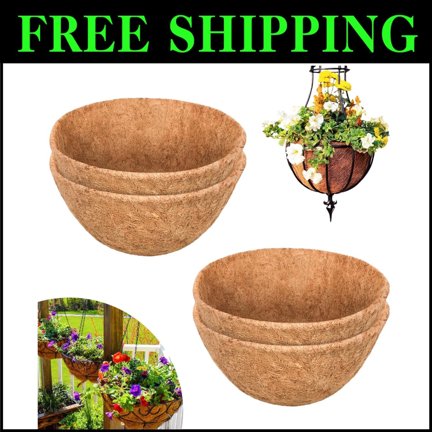 4 Pack 20" Round Natural Coconut Coir Liners for Beautiful Hanging Baskets
