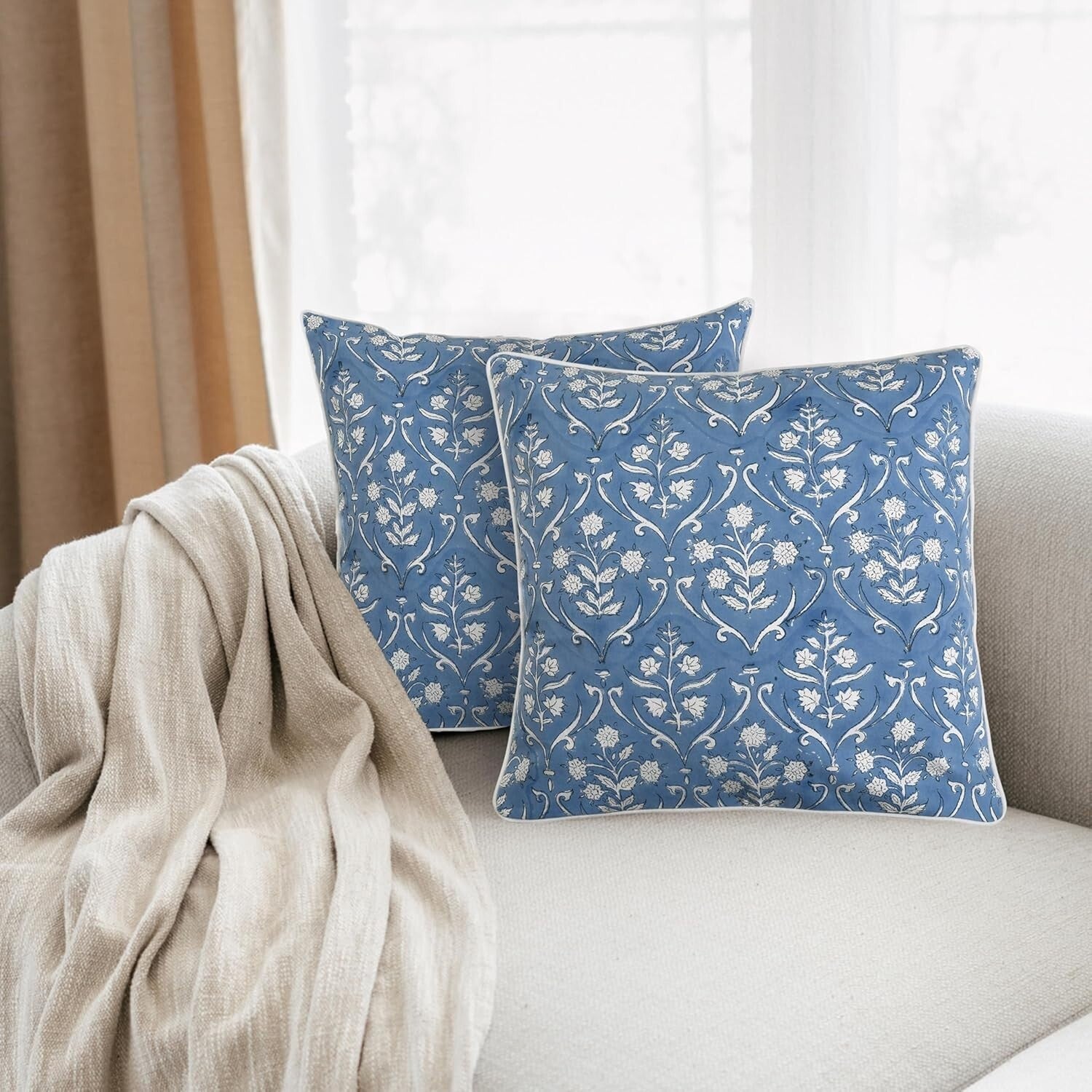 Set of 2 Baby Blue Floral Cotton Throw Pillow Covers for Indoor/Outdoor Elegance