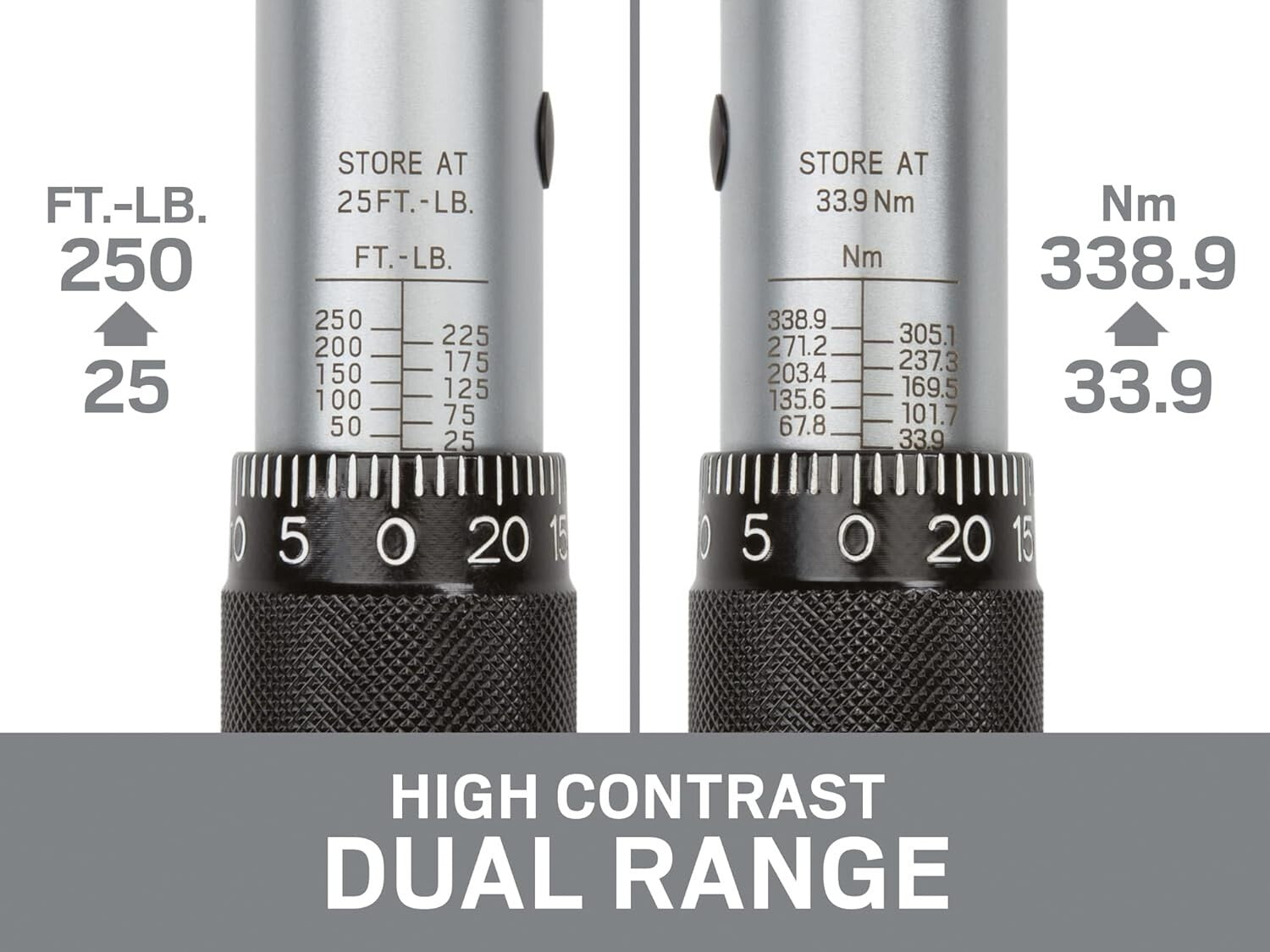 High-Contrast Torque Wrench, 1/2 Inch Drive, 25-250 ft.-lb. with Click Feedback