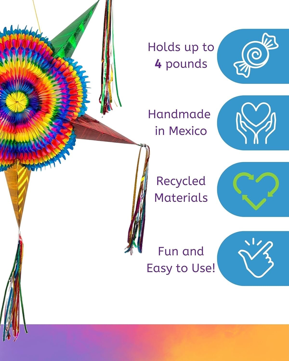 Authentic Handmade Rainbow Piñata - 32" Star Design with 30-ft Rope for Parties