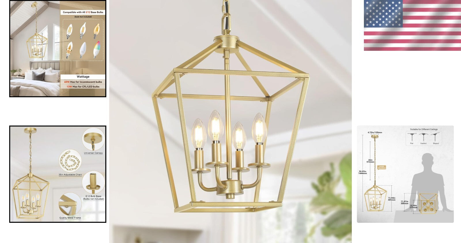 Stylish 4-Light Gold Industrial Chandelier with Adjustable Height for Indoor Use