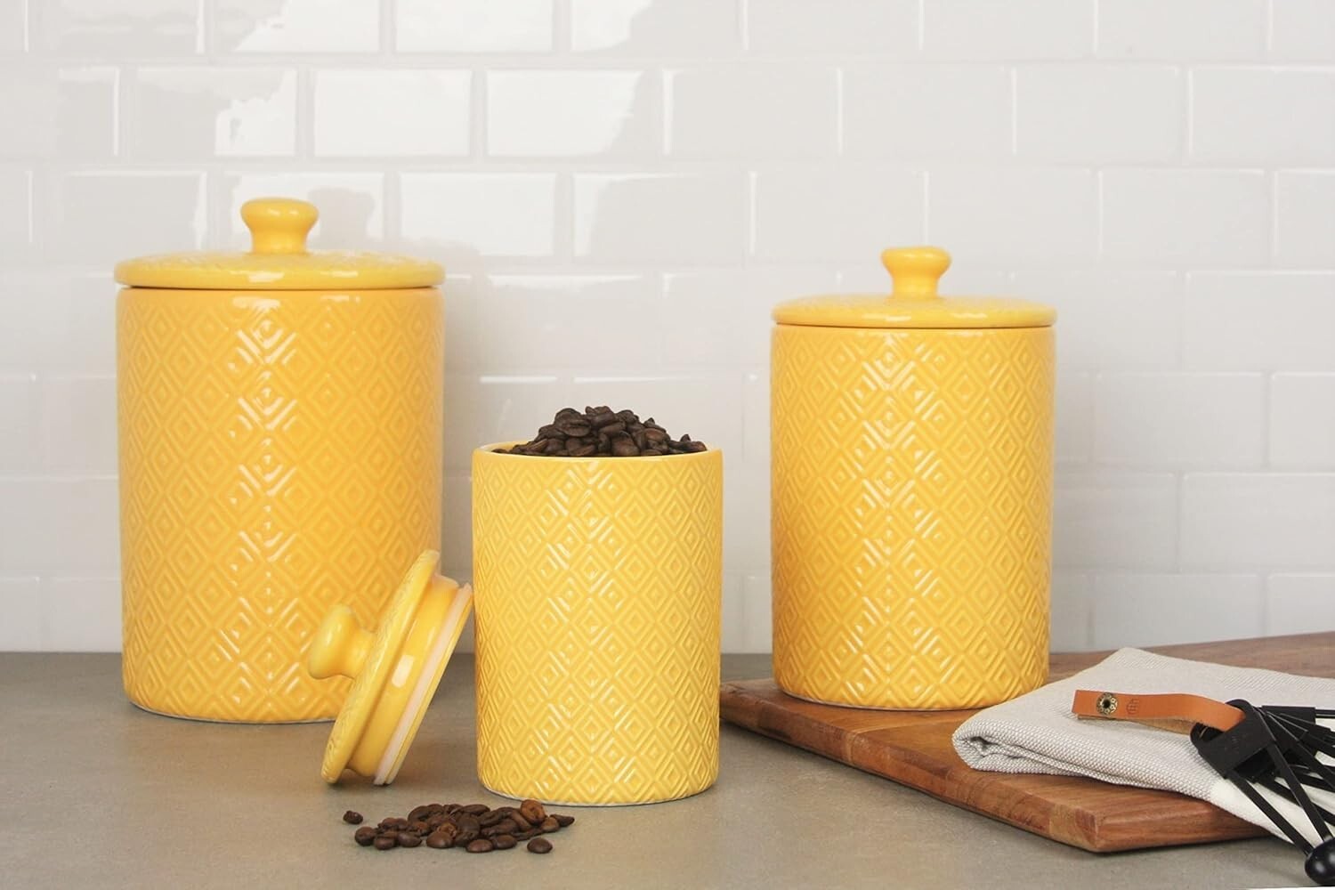 Durable 3-Piece Yellow Canister Set with Knobbed Lids for Organized Countertops