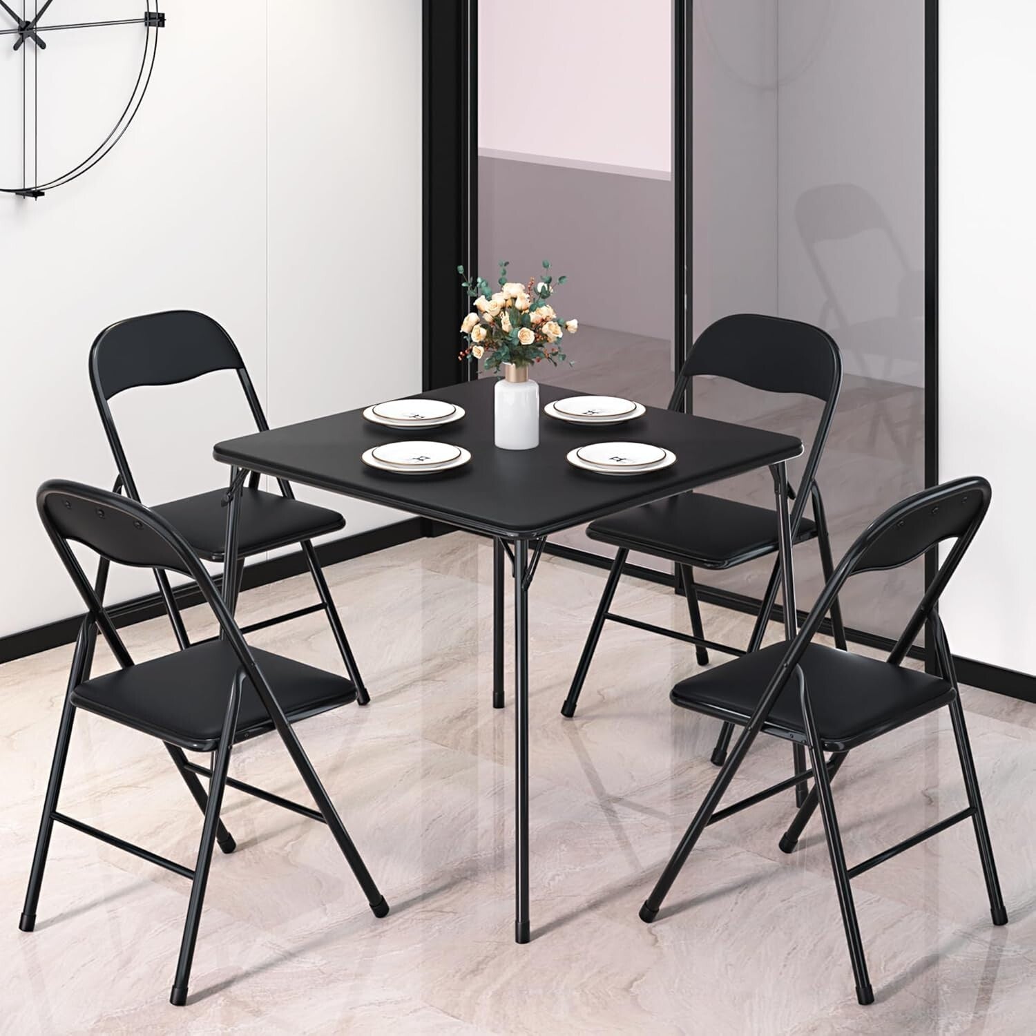 Portable Folding Card Table and Chair Set of 5 with Padded Upholstery - Black