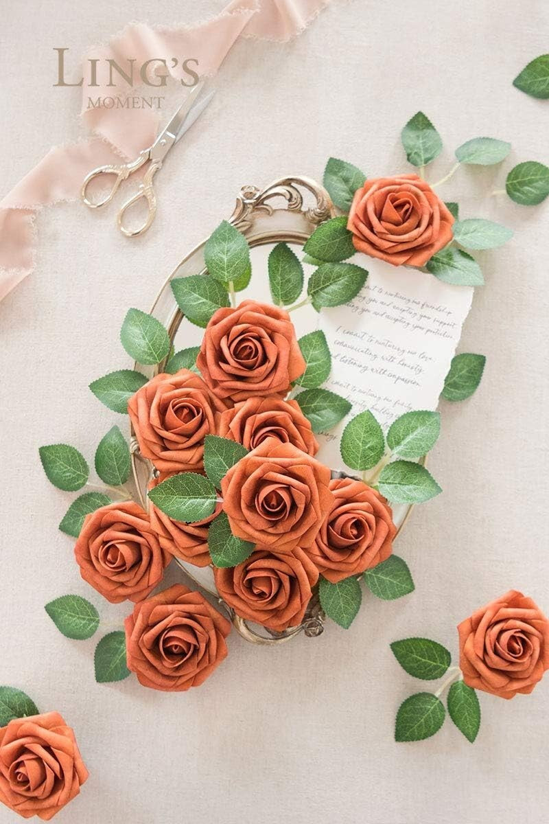 Realistic 50pcs Burnt Orange Artificial Roses – Perfect for DIY Bouquets