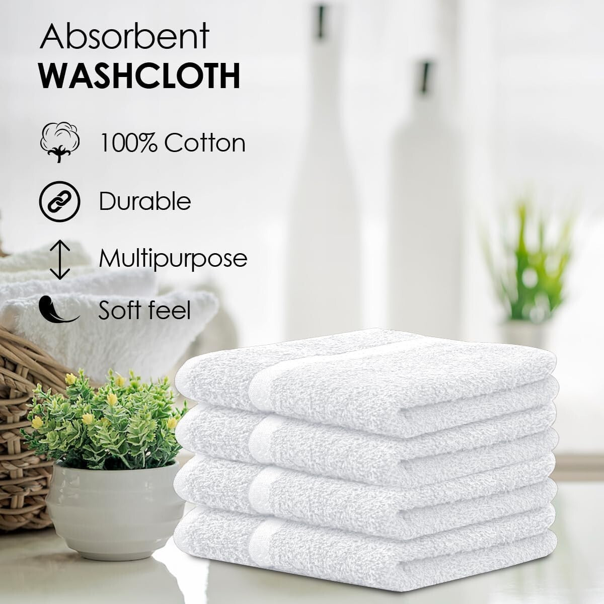 Durable 100% Cotton Washcloth Pack - 60 Soft 12x12 Face Towels for All Ages