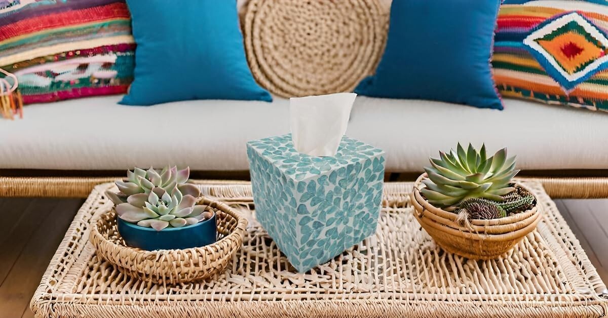 5.9-Inch Mother of Pearl Cube Tissue Box Cover - Rustic Teal Floral Decor