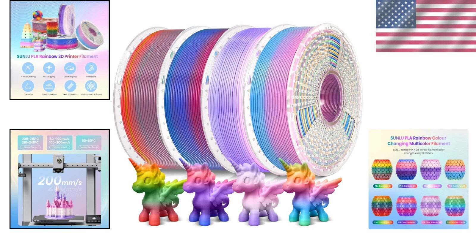 Easy-to-Use Rainbow PLA Filament 4 Pack - Gradient Colors 1.75mm, Vacuum Packed