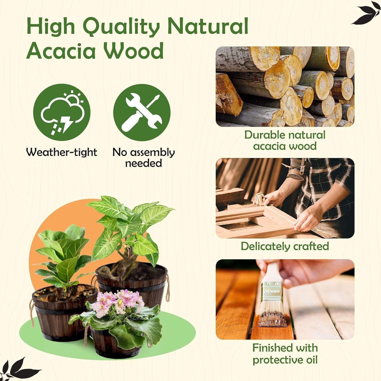 Durable Outdoor Acacia Wood Barrel Planters - Set of 3 with Drainage Holes