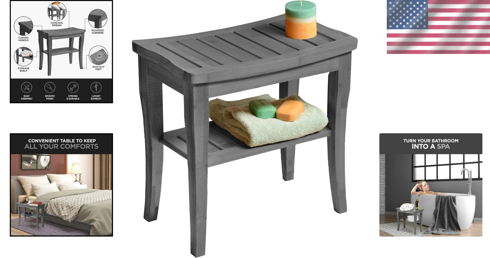 Bamboo Shower Bench - Elegant Grey Stool with Non-Slip Feet for Ultimate Safety