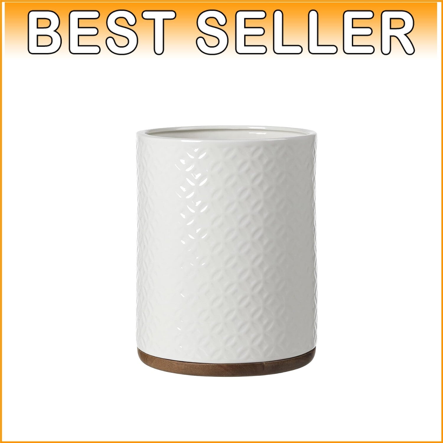 Ceramic Decorative Trash Can with Wooden Base - Luxurious Bathroom Wastebasket
