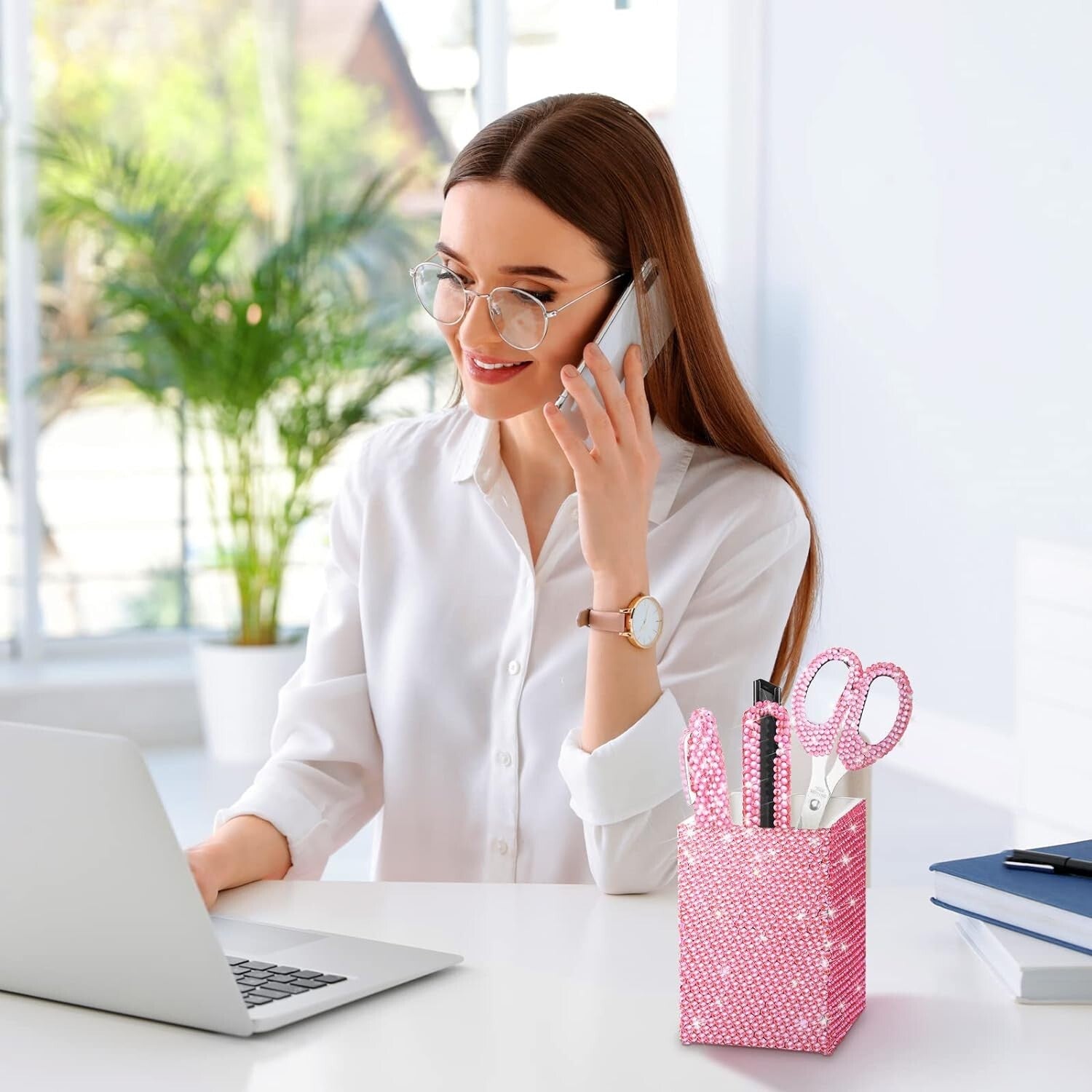 7-Piece Pink Diamond Desk Set: Scissors, Stapler, and Tape Dispenser Included