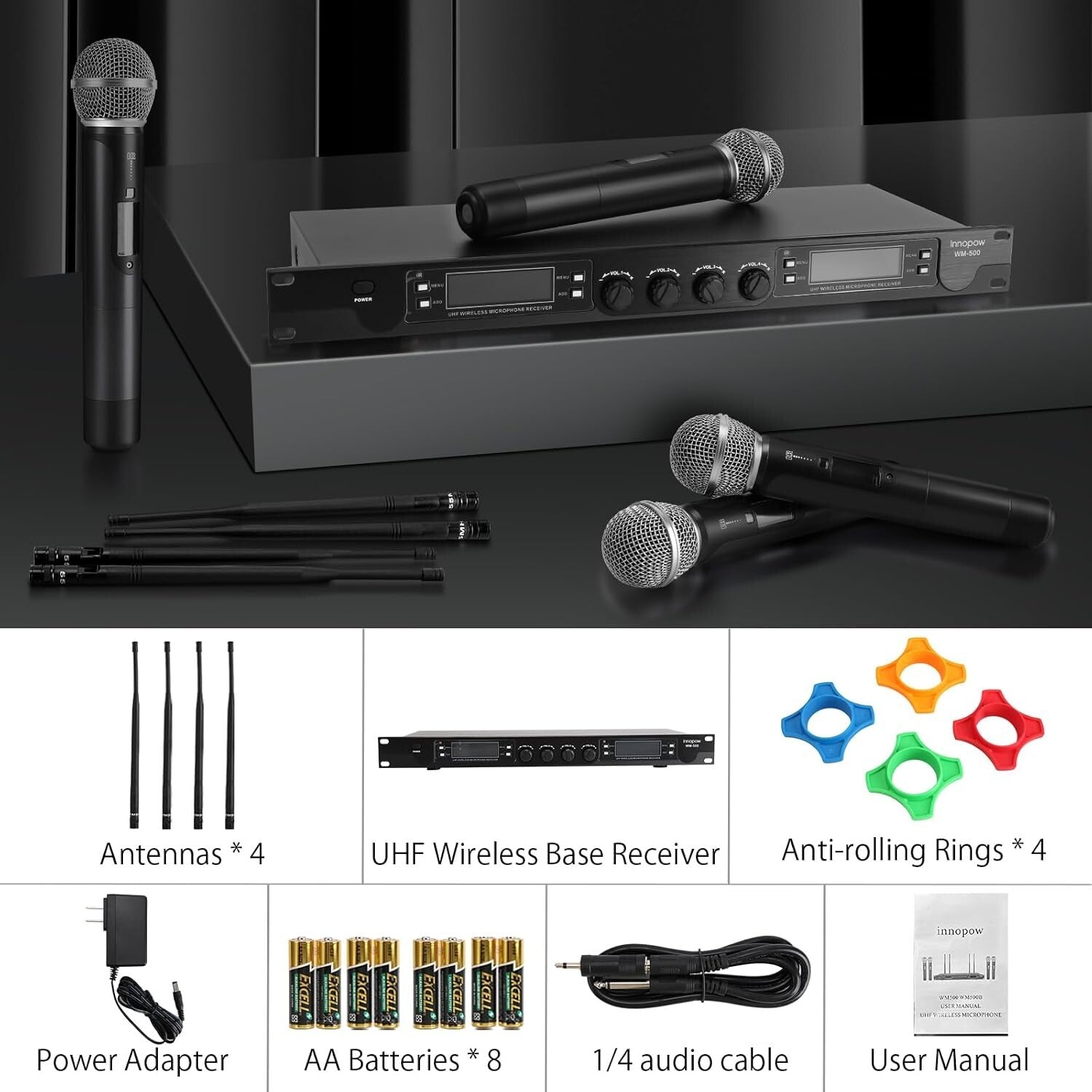 Quad Handheld Dynamic Microphone Set with 200-300 Ft Range & Long Battery Life