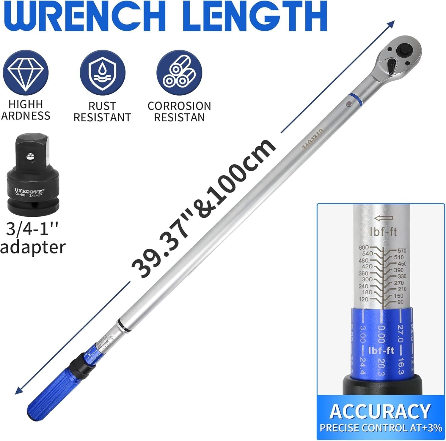 High-Precision 3/4-Inch Drive Click Torque Wrench 100-600FT.LB/135-815N.M