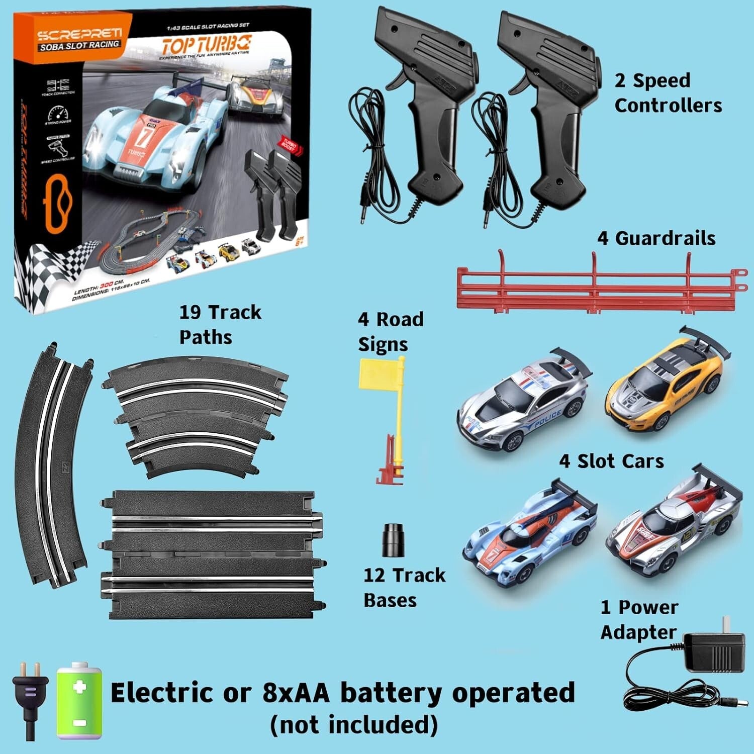 Electric Slot Car Racing Track Set with 4 Cars & 2 Controllers - 1:43 Scale