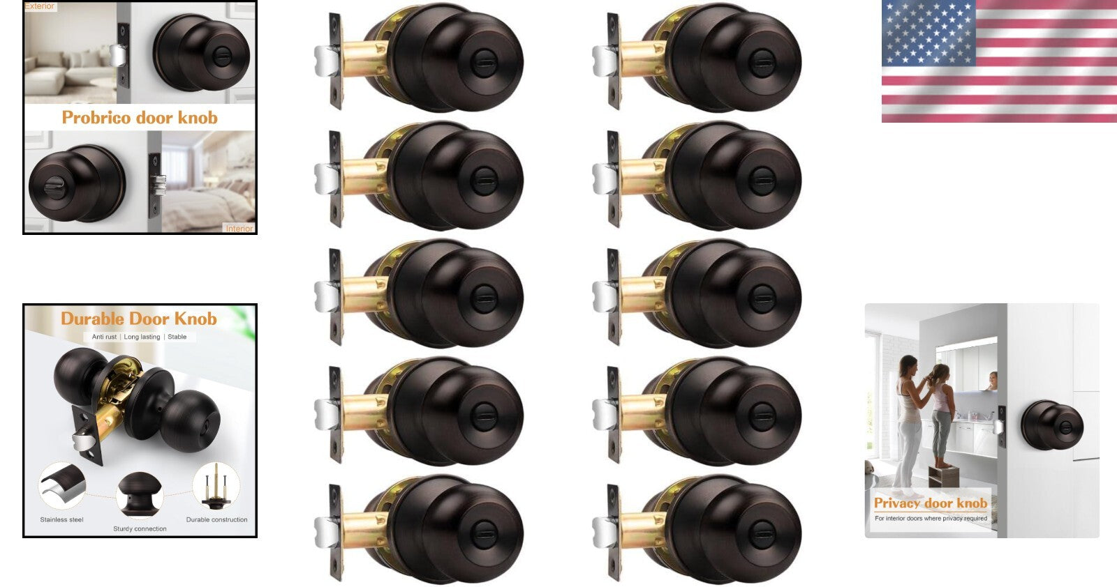 Stainless Steel Round Bathroom & Bedroom Door Knobs - 10 Pack, Bronze Finish