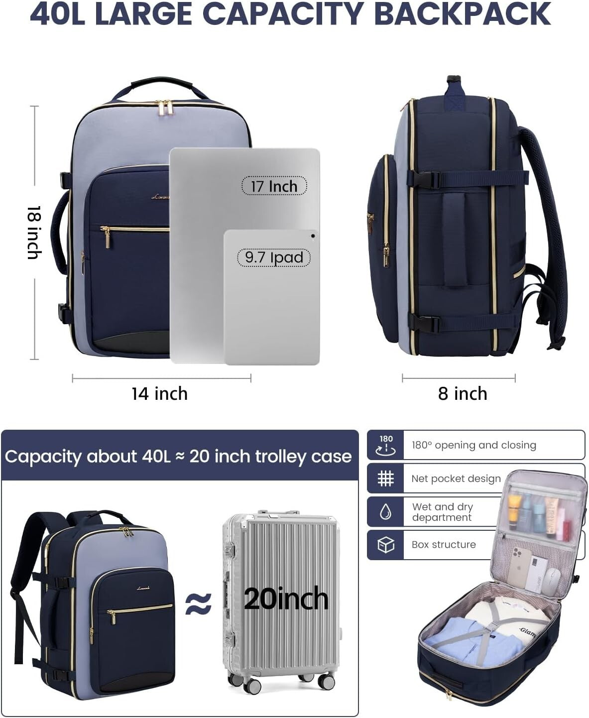 Comfortable 40L Unisex Travel Bag with Padded Laptop Compartment & Luggage Strap