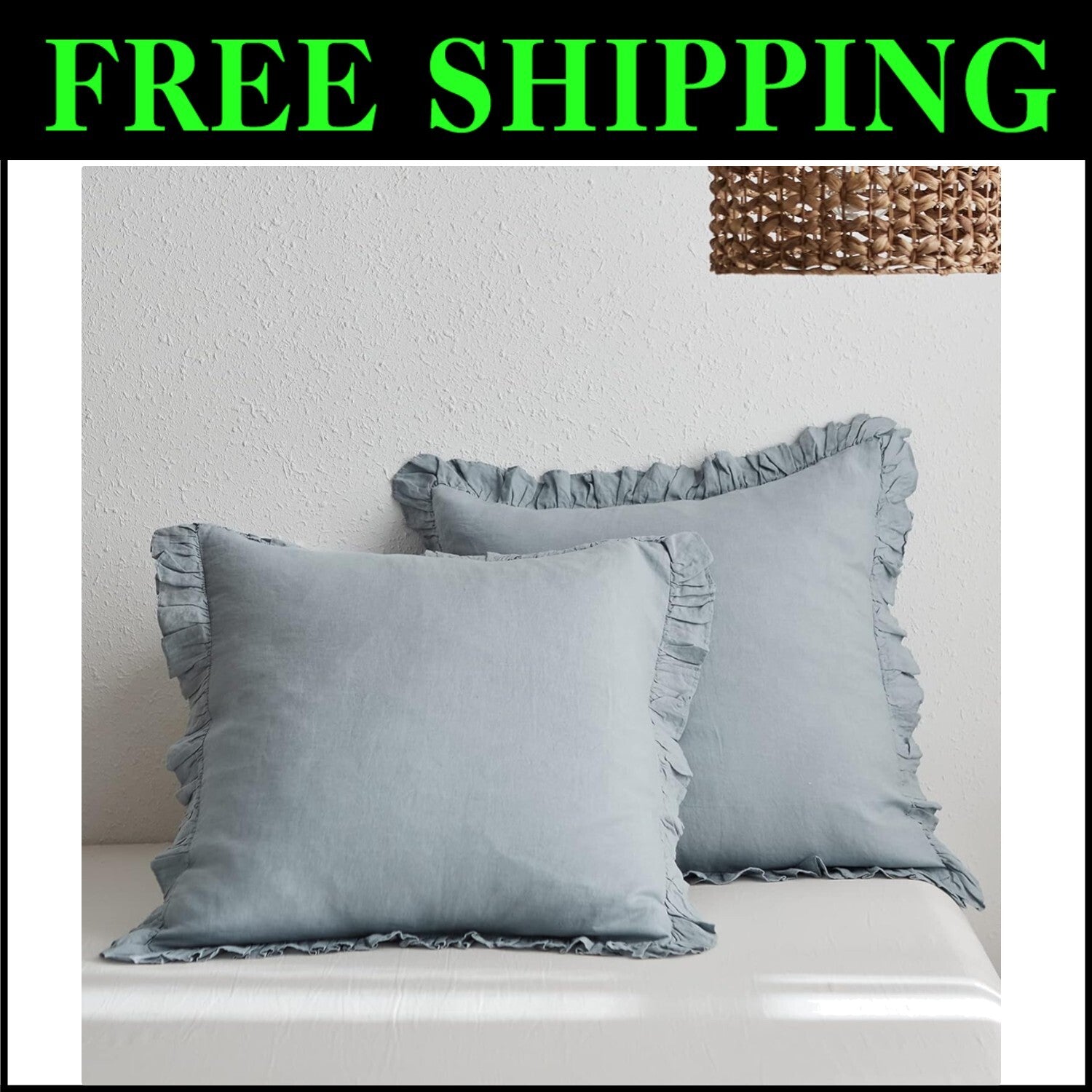 Breathable Dusty Blue French Linen Euro Shams with Charming Ruffles - 26''x26''