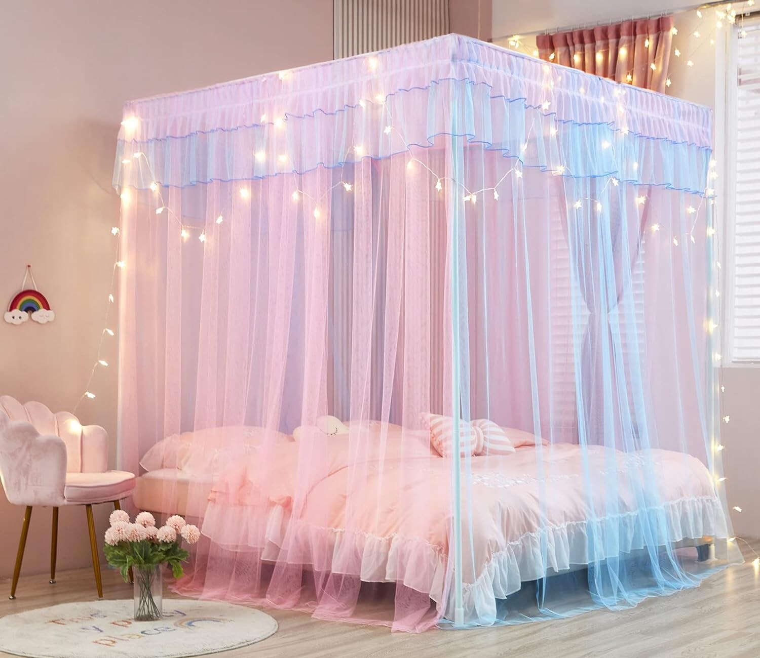 Deluxe Rainbow Princess Bed Canopy with Built-In Lights - Cozy Queen Size Decor