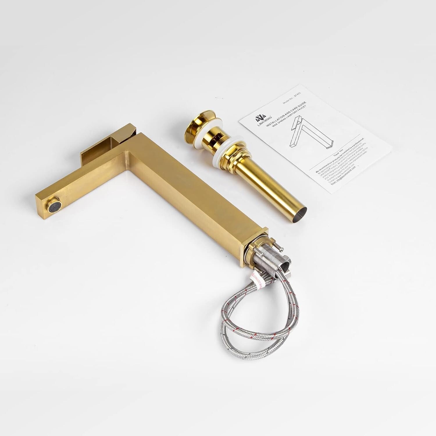 Modern Single Handle Brushed Gold Faucet - Includes Easy-Install Pop-Up Drain