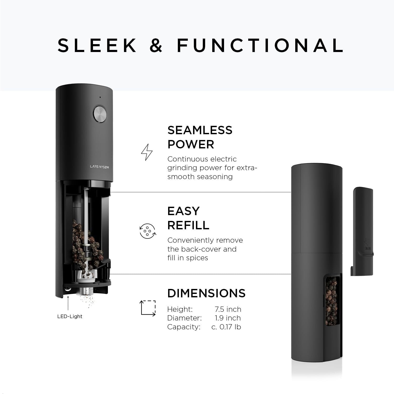 Automatic Electric Spice Mill Set with Adjustable Ceramic Grinder - Black