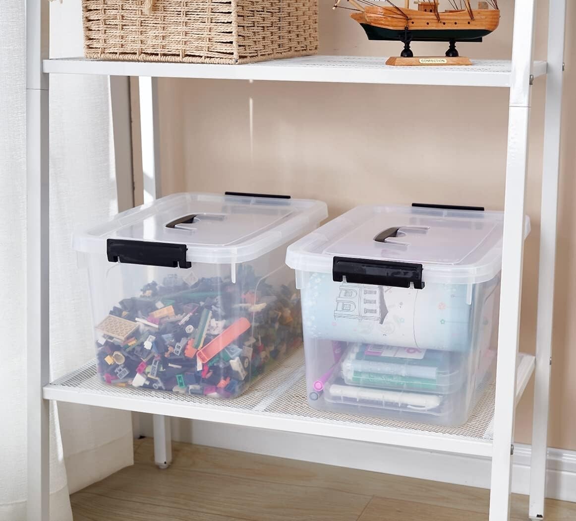 Minimalist 12 Quart Clear Storage Box Set with Latch Closure & Black Handles