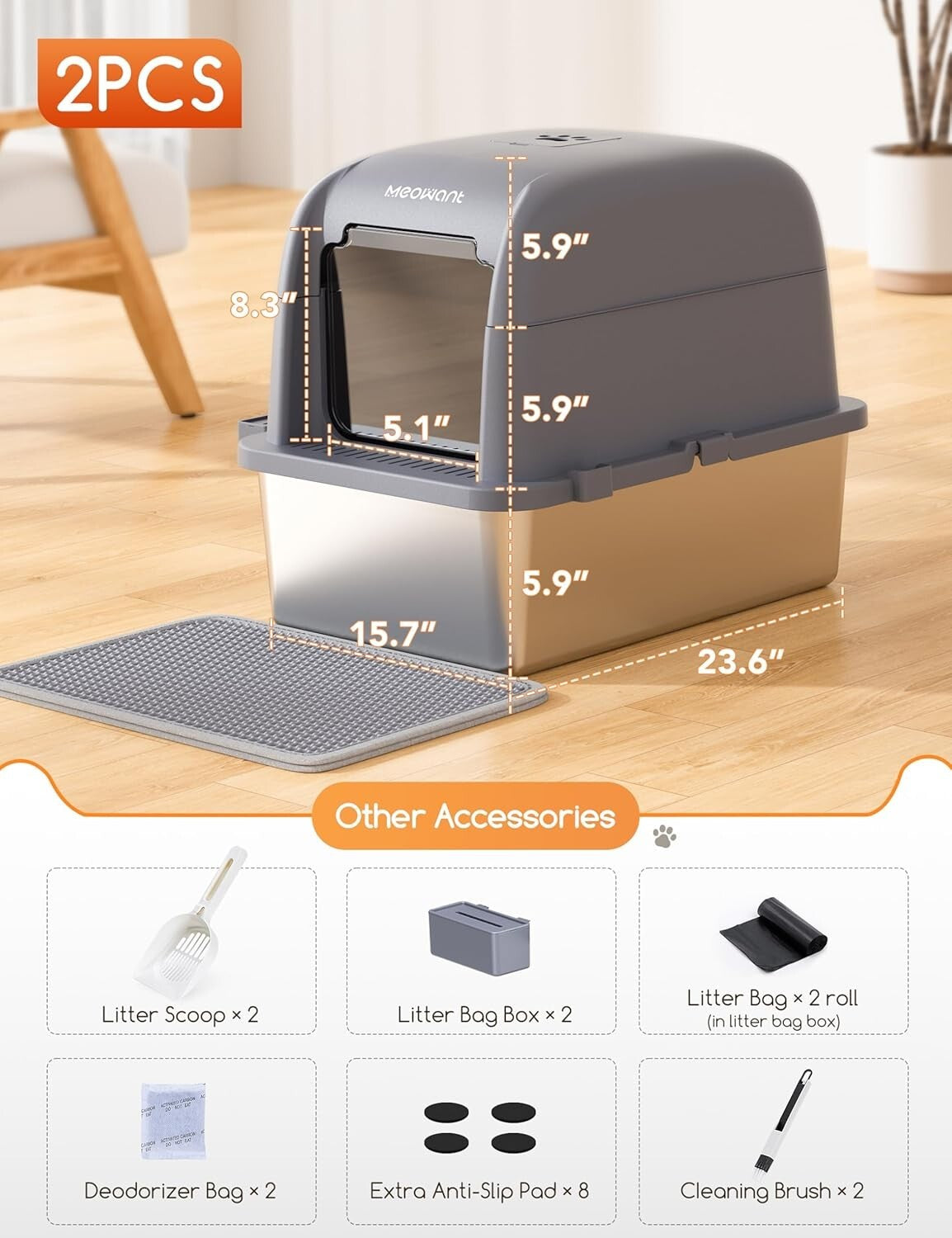 Odorless Extra Large Stainless Steel Cat Litter Box - 2 Pcs Durable Design