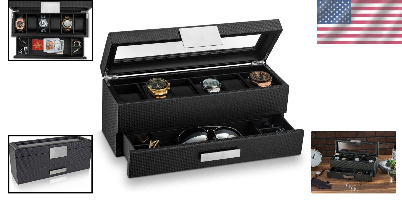 Stunning 6 Slot Men's Watch Organizer with Valet Drawer & Faux Leather Interior