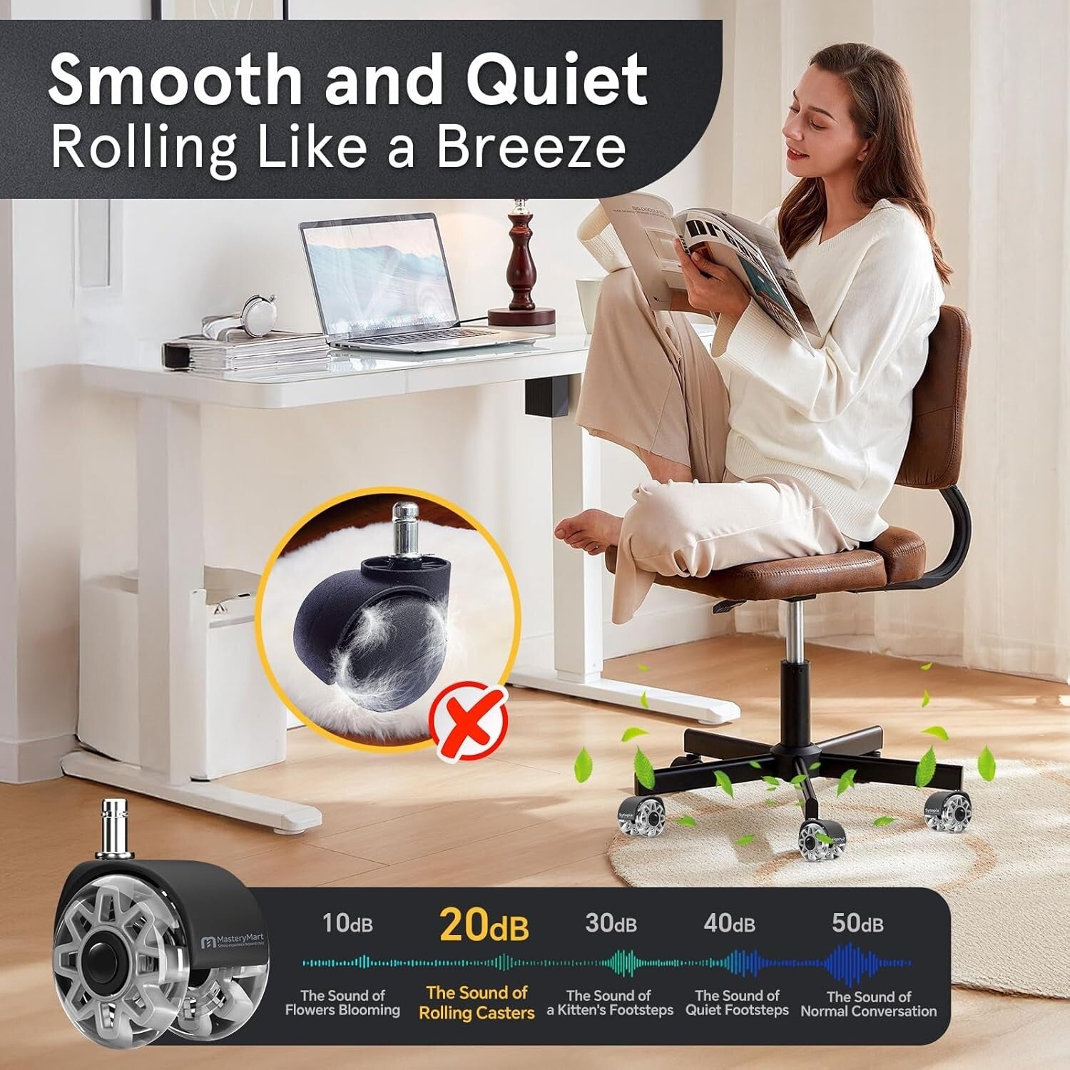 Premium Office Chair Caster Wheels - 5 Pack, 2.5 Inch, Quiet Glide Technology