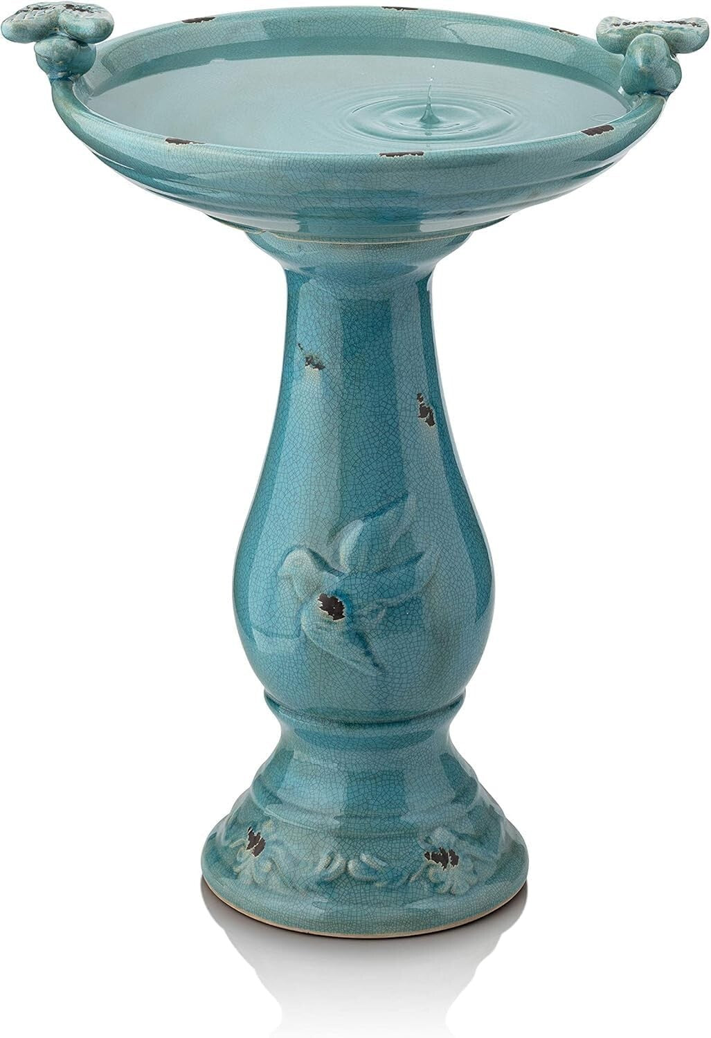 25" Antique Turquoise Ceramic Birdbath with 2 Figurines for Birds & Garden Charm