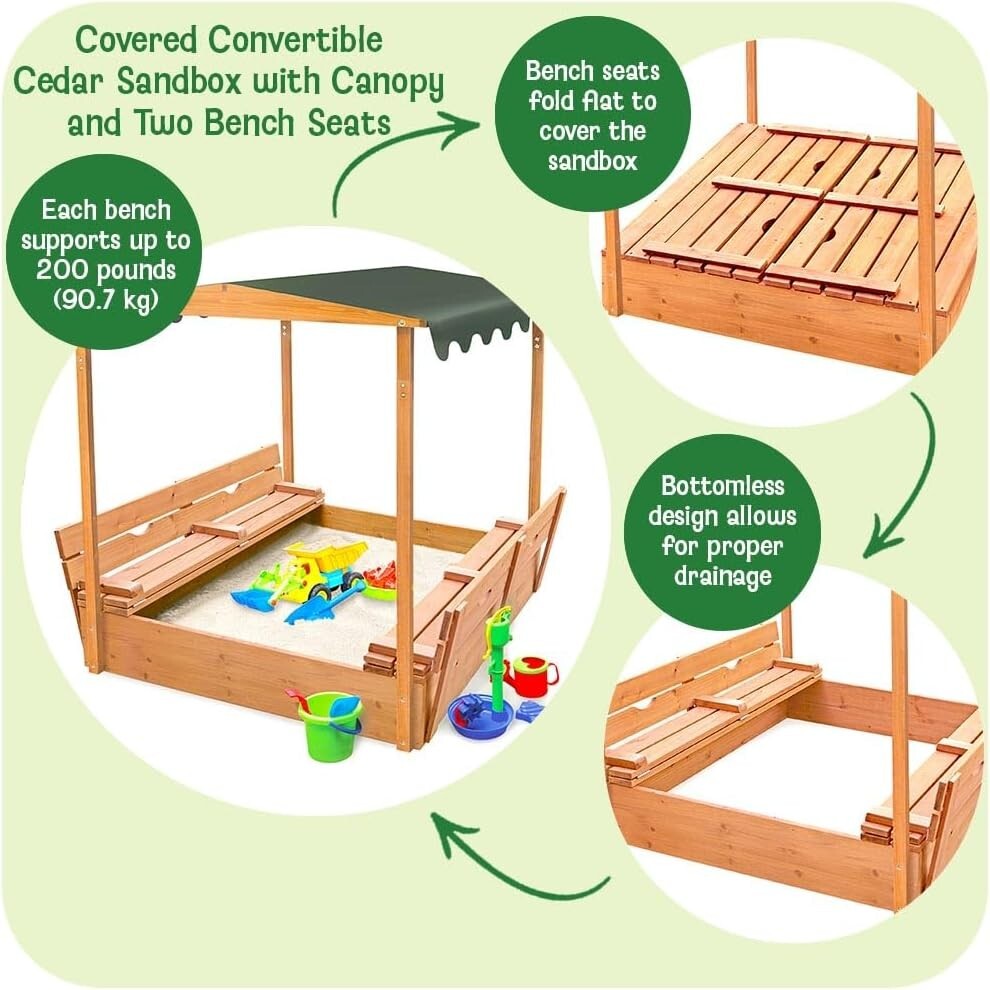 Fun Convertible Cedar Sandbox with Easy-Setup Canopy and Bench Seating - 46.5"