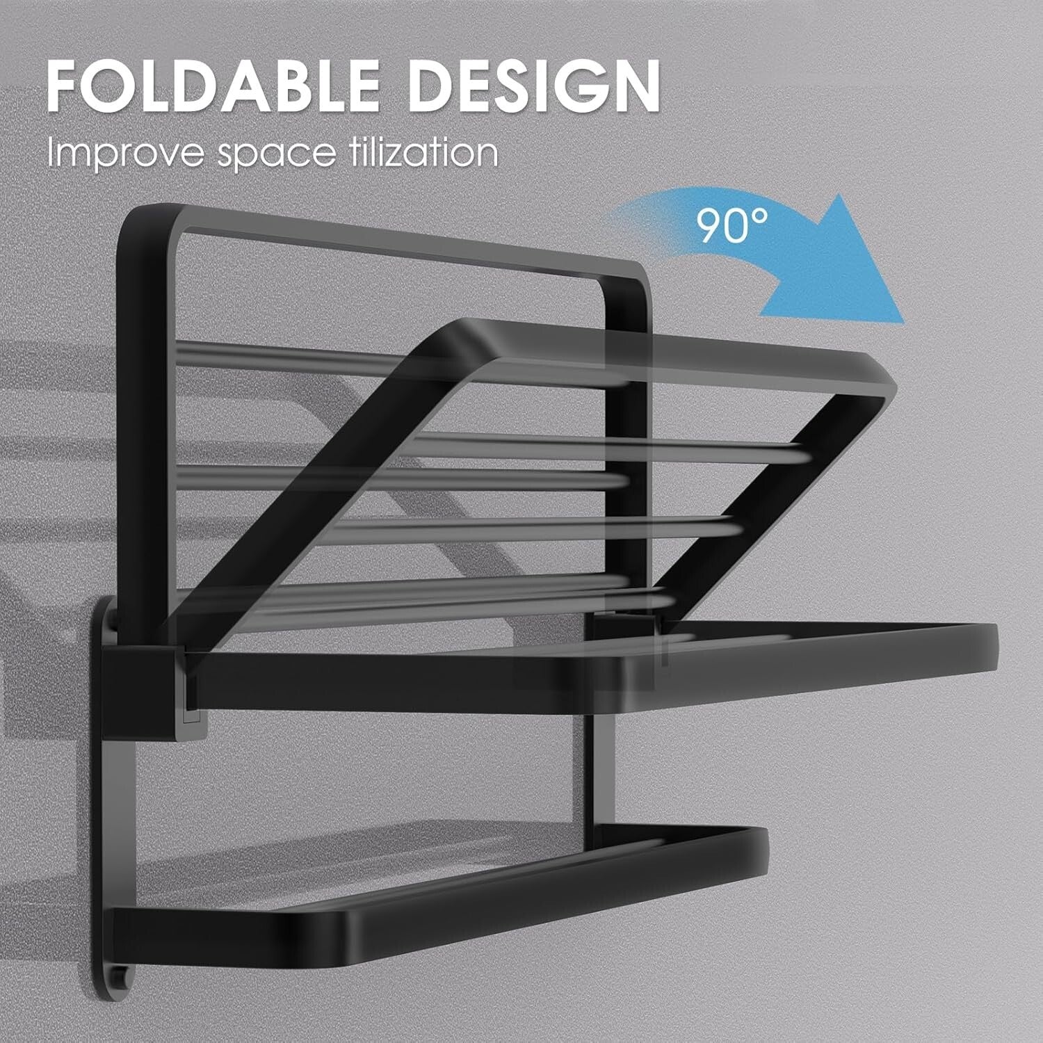 Elegant 16-Inch Matte Black Towel Rack with Folding Feature for Modern Bathrooms