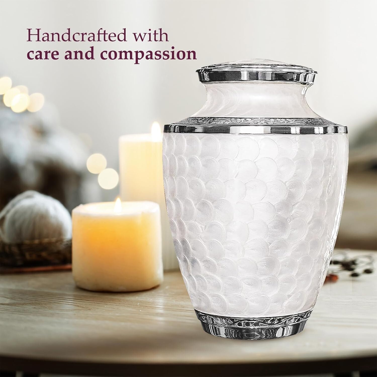 Large Decorative Burial Urn for Human Ashes - Opal Finish with Silver Lining
