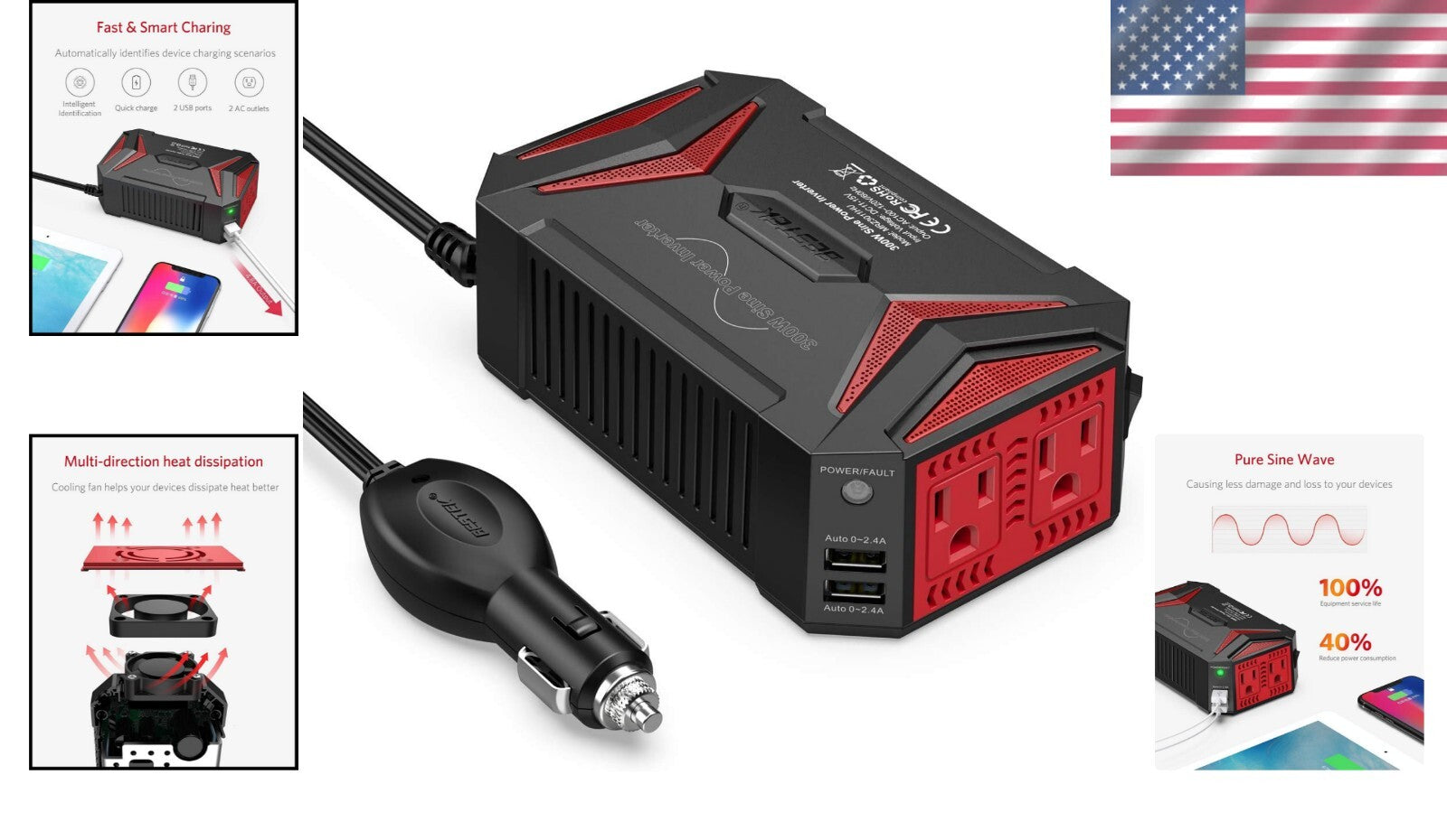300W Vehicle Power Inverter with 2 AC Outlets and 4.8A USB Charging Power