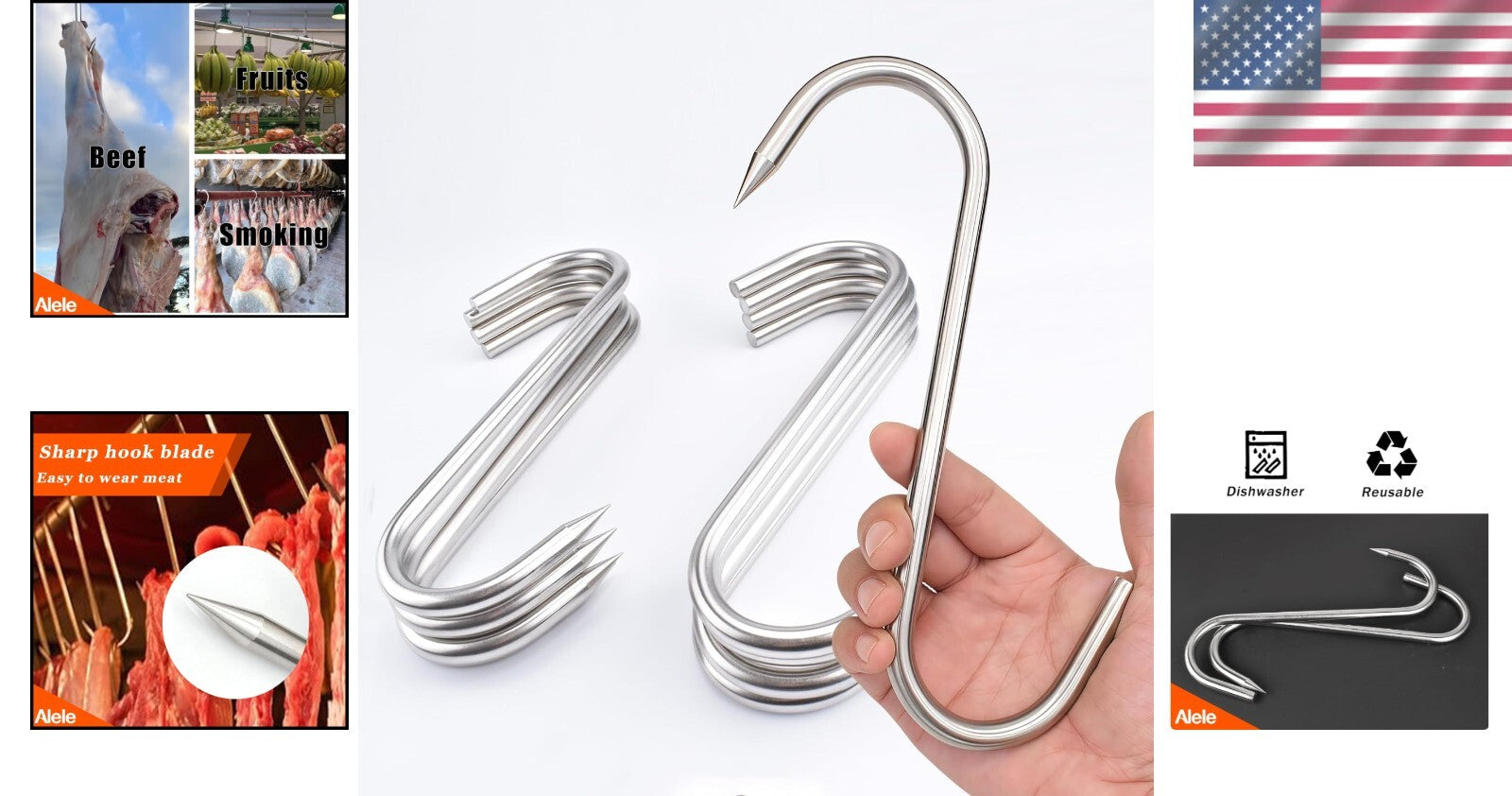 8 Pack of 10mm Heavy Duty Stainless Steel Butcher Hooks for Meat Hanging
