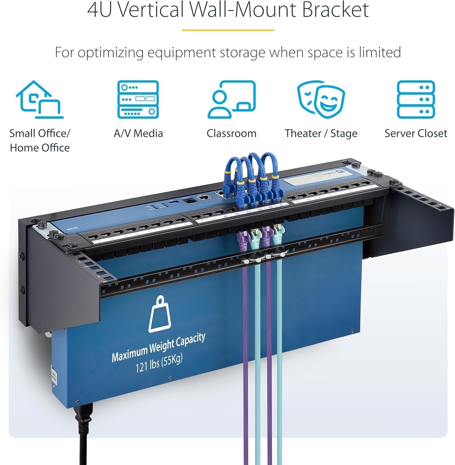 4U Vertical Wall-Mount Rack for 19" Equipment - 121lb Capacity, Durable Steel