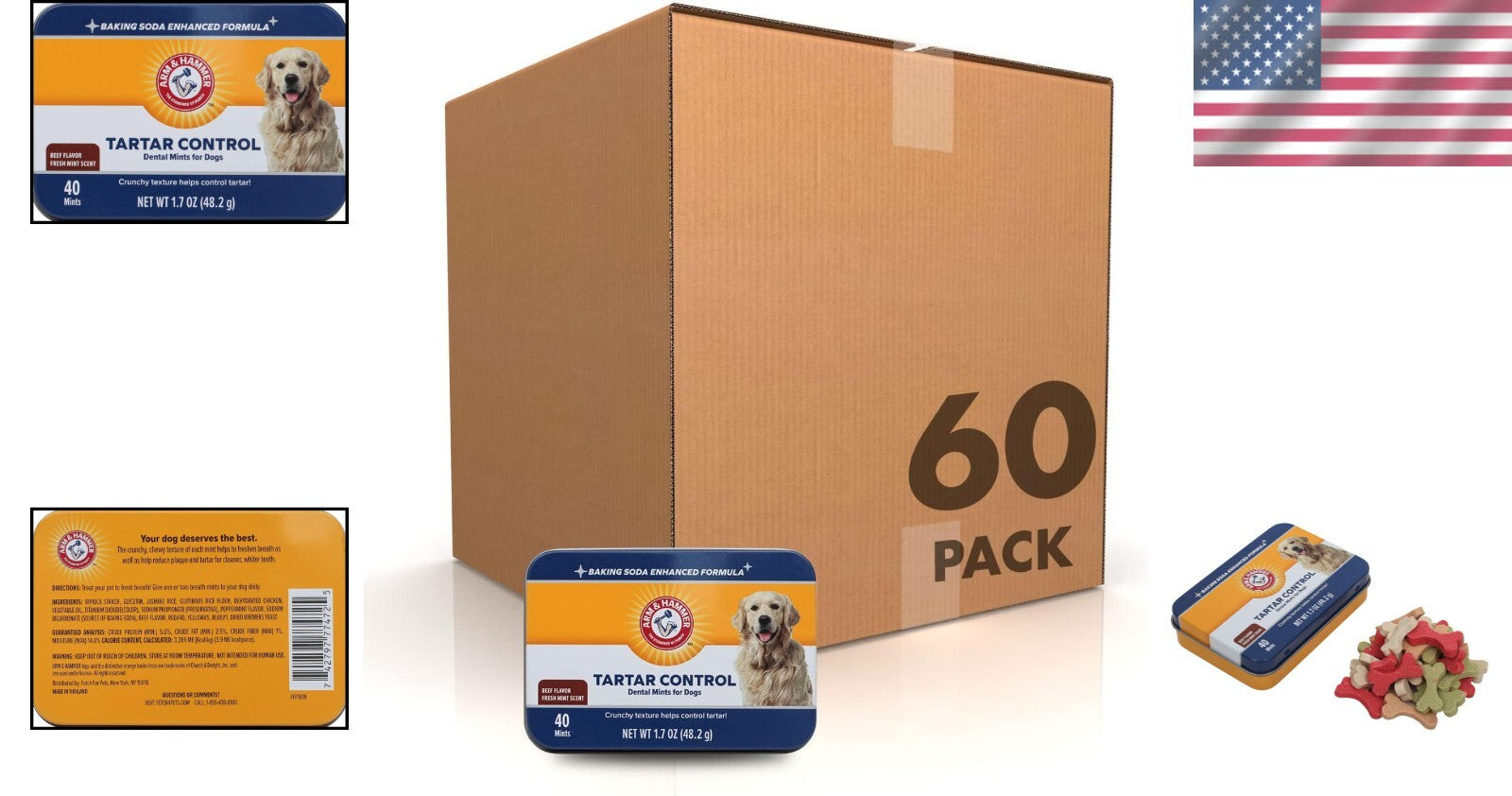 Beef Flavor Dog Dental Mints - Tartar Control Chews for Fresh Breath (60 Pack)