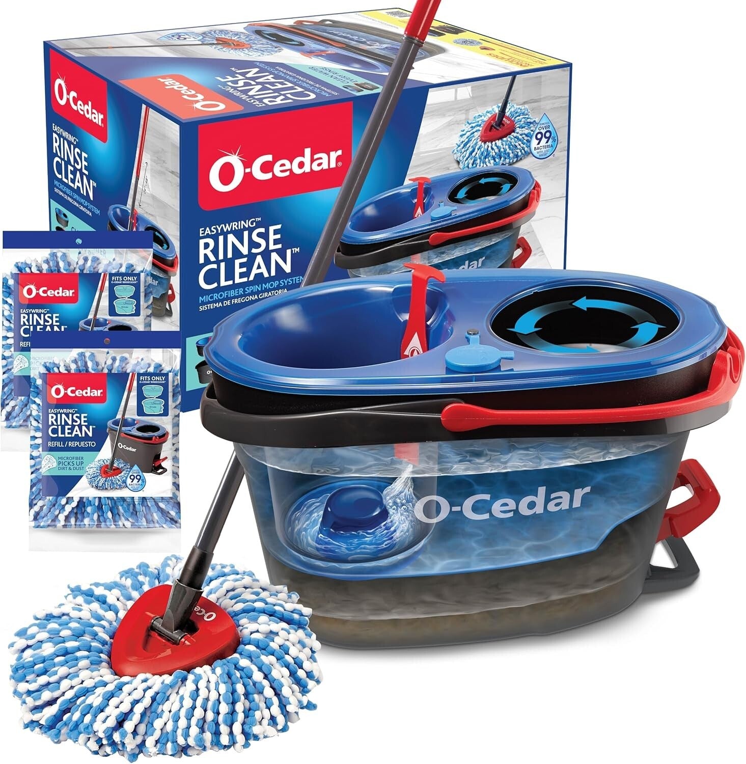 RinseClean Spin Mop System with Dual-Chamber Bucket & 2 Extra Microfiber Heads