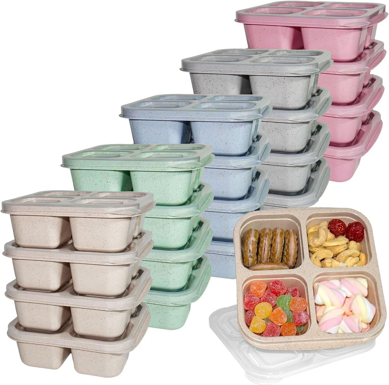 20 Pack BPA Free 4-Compartment Snack Containers - Microwave & Dishwasher Safe