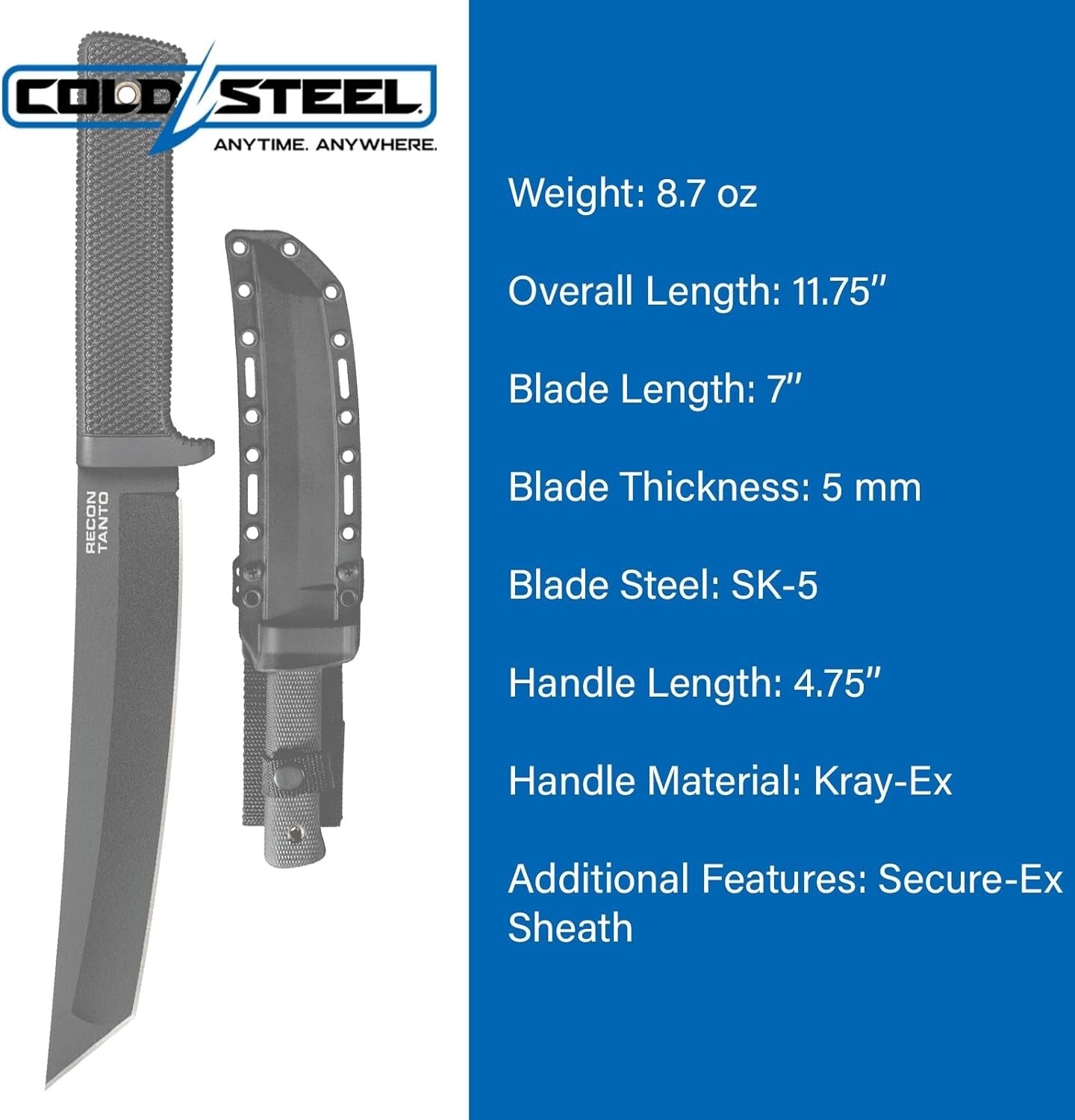 7" Tanto Point Tactical Knife with Secure-Ex Sheath - Ultimate Durability & Grip