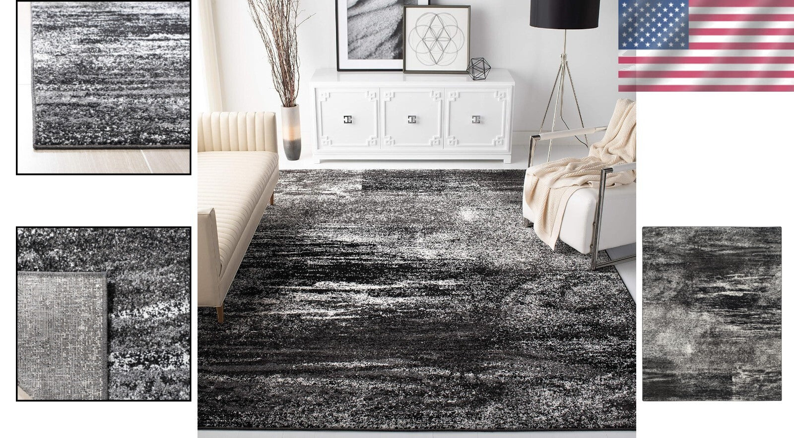 Modern Abstract Area Rug 9' x 12' - Silver & Black, Stain Resistant Elegance