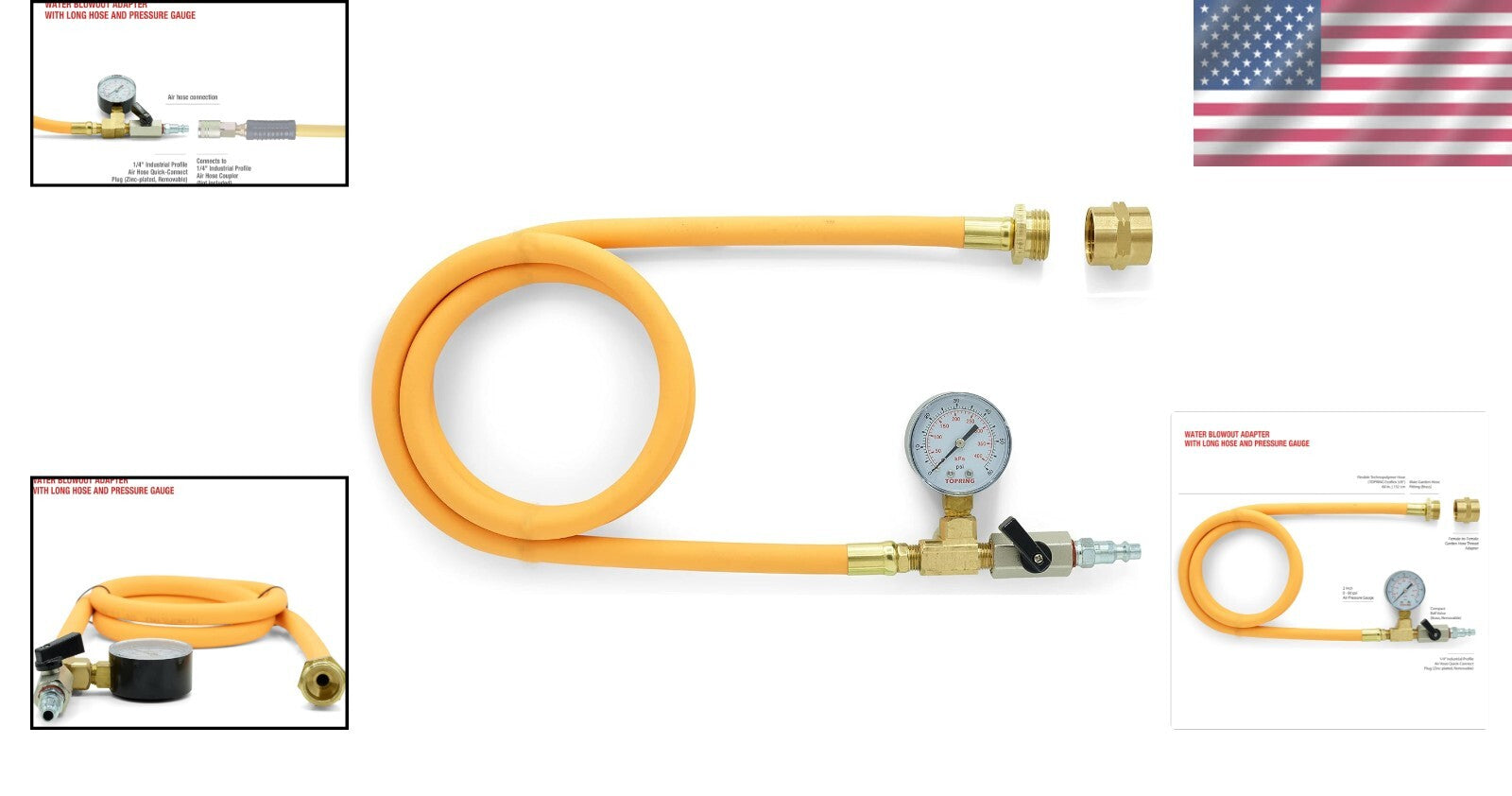 Compact Air Powered Water Blow Out Adapter with Gauge & Quick Connect Fittings