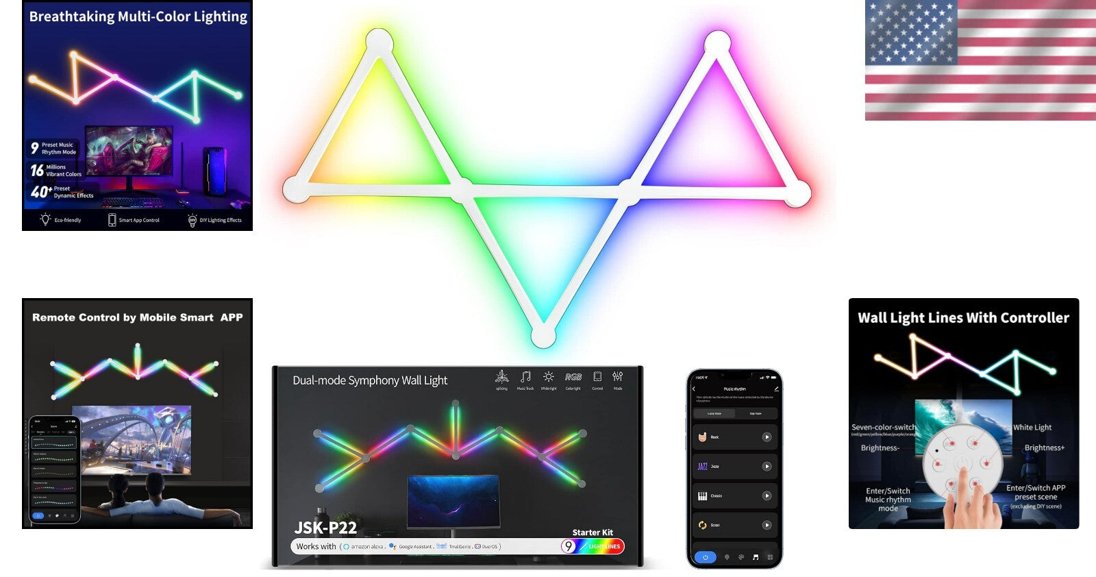 Dimmable RGB LED Wall Light Bars Kit - Voice Control & Adjustable Mood Lighting