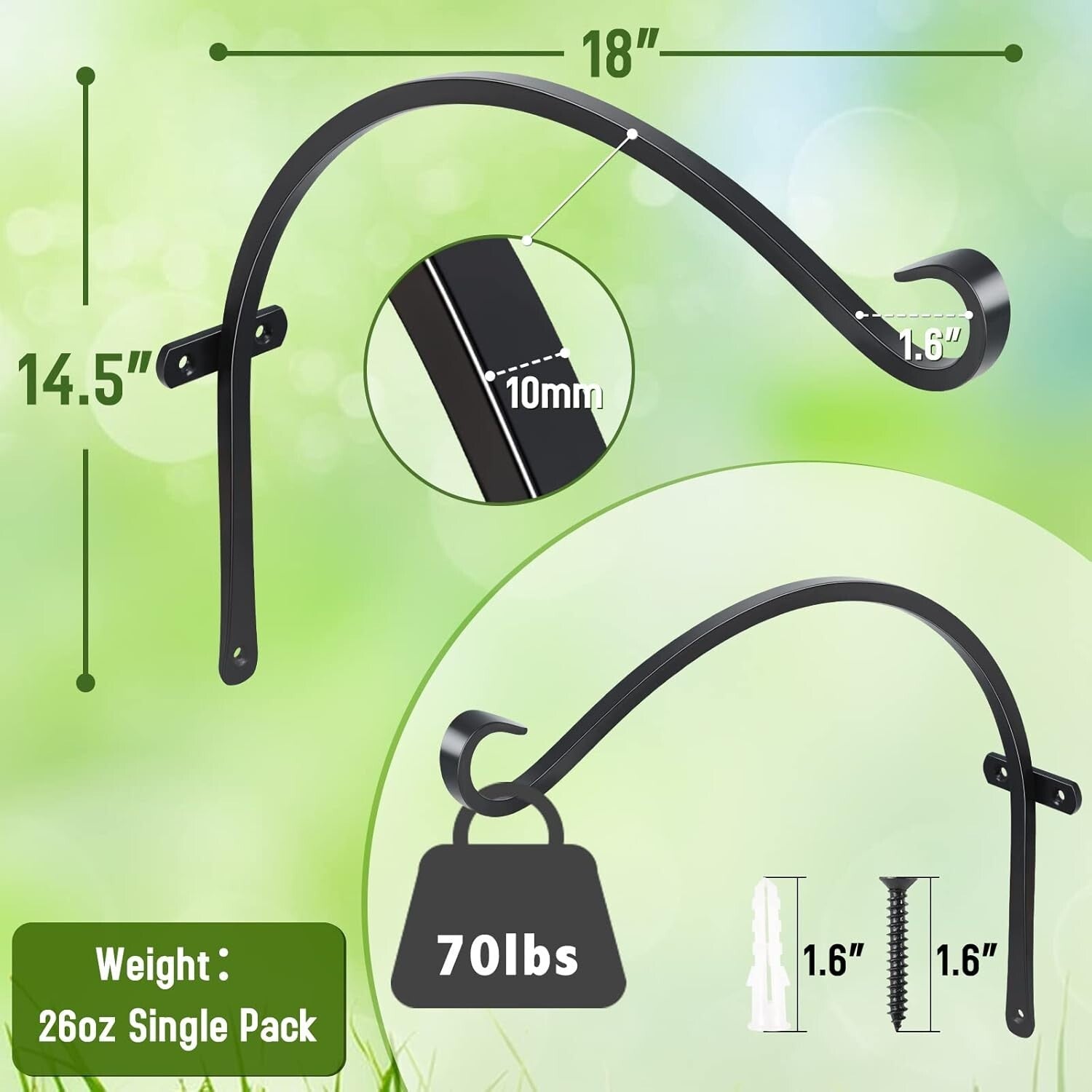 Set of 2 Heavy Duty 18 Inch Outdoor Plant Hooks - Rust Resistant Wall Mount