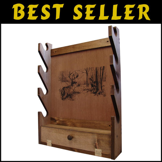 Deer Print Gun Rack - Wall Mounted Wooden Holder for Four Firearms & Accessories