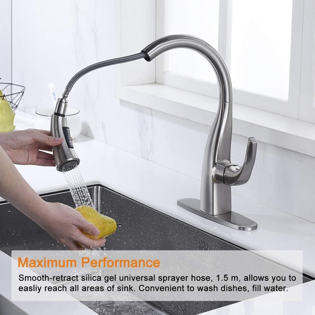 Elegant Brushed Nickel Kitchen Faucet with Pull-Down Sprayer – High Arc Design