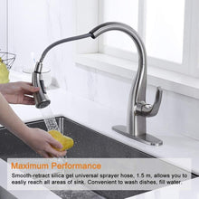Load image into Gallery viewer, Elegant Brushed Nickel Kitchen Faucet with Pull-Down Sprayer – High Arc Design